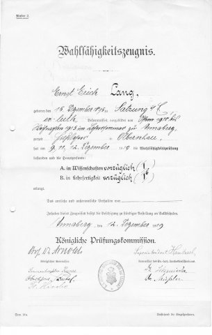 Erich Lang Wahlfähigkeitszeugnis Seite 1